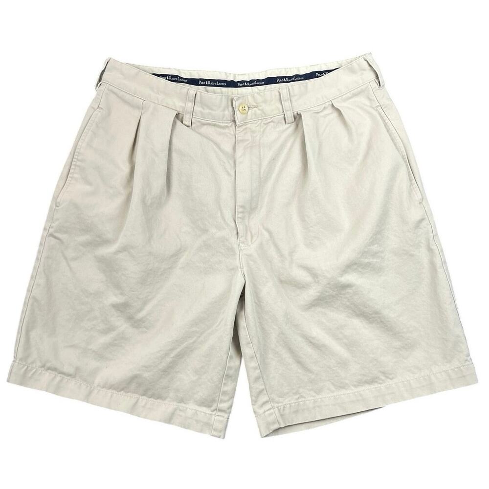 Vintage 90s Polo Ralph Lauren Pleated Chino Shorts Khaki Beige Tagged 34 Fits 32